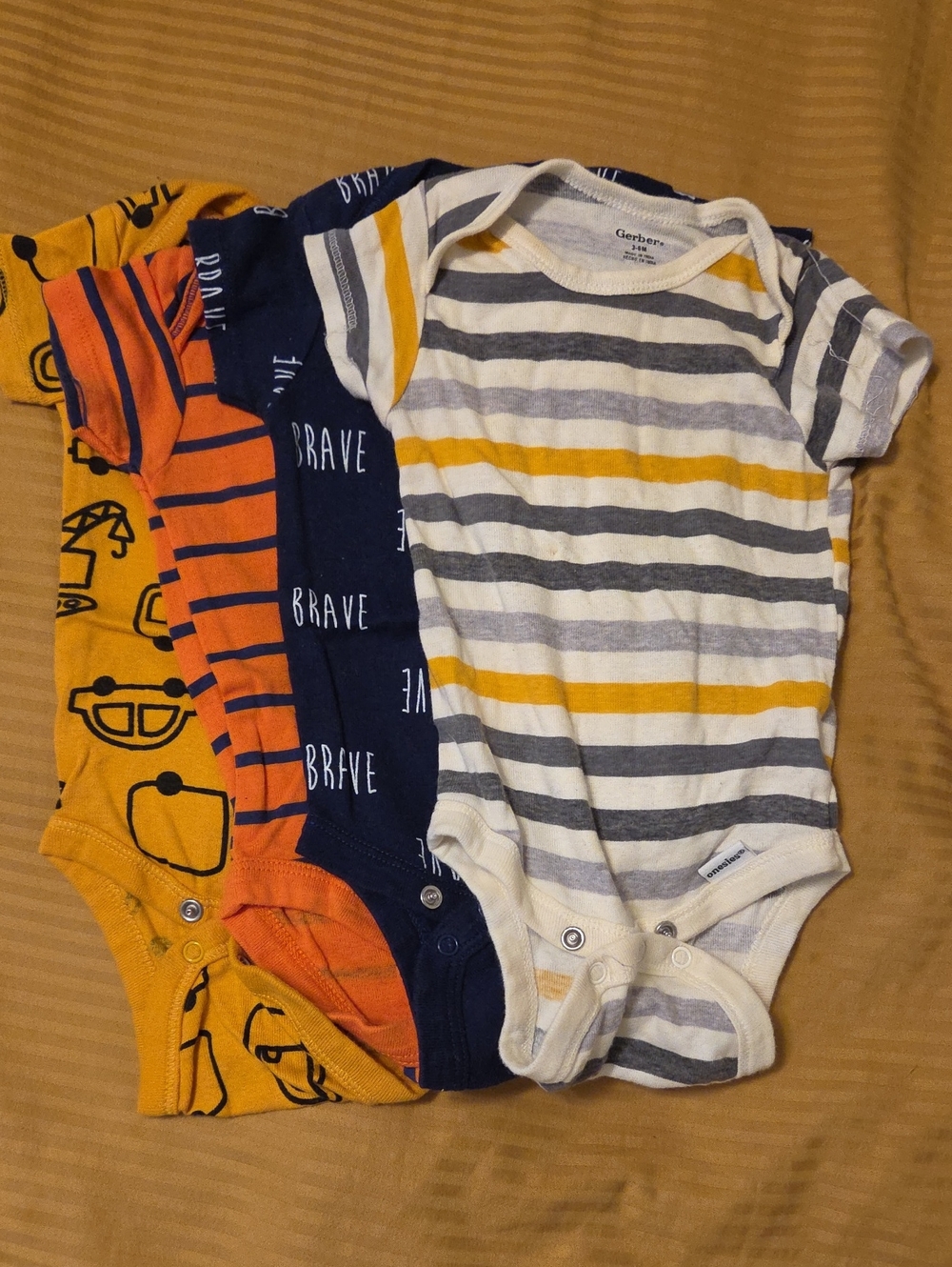 Four Gerber Yellow Navy Orange Striped & Graphic Baby One-Piece